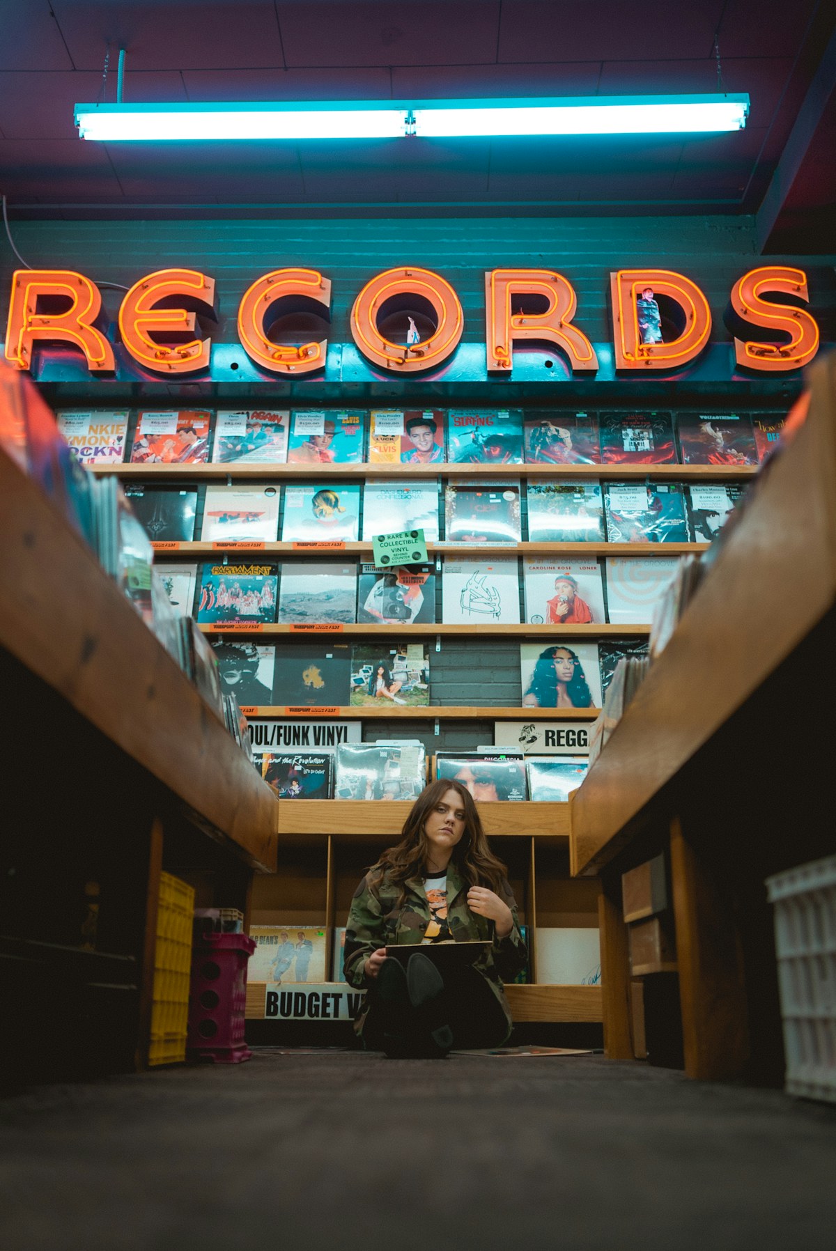 Browsing records together in a vinyl store